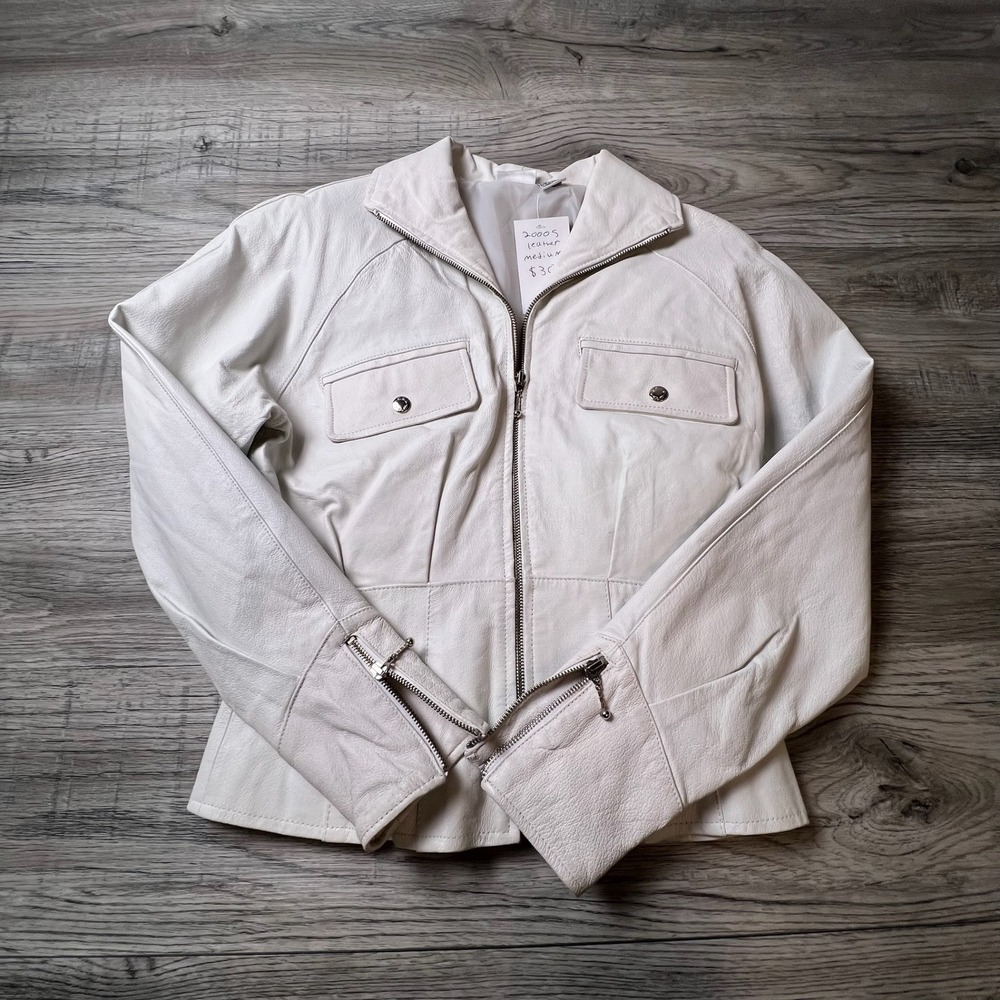Styleworks Leather‎ Jacket Womens 6 White Zip Up Moto Biker 2000s Vintage Style